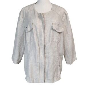 Chico's Linen Jacket Womens 3 Beige Excellent Metallic Zip Front 3/4 Sleeve